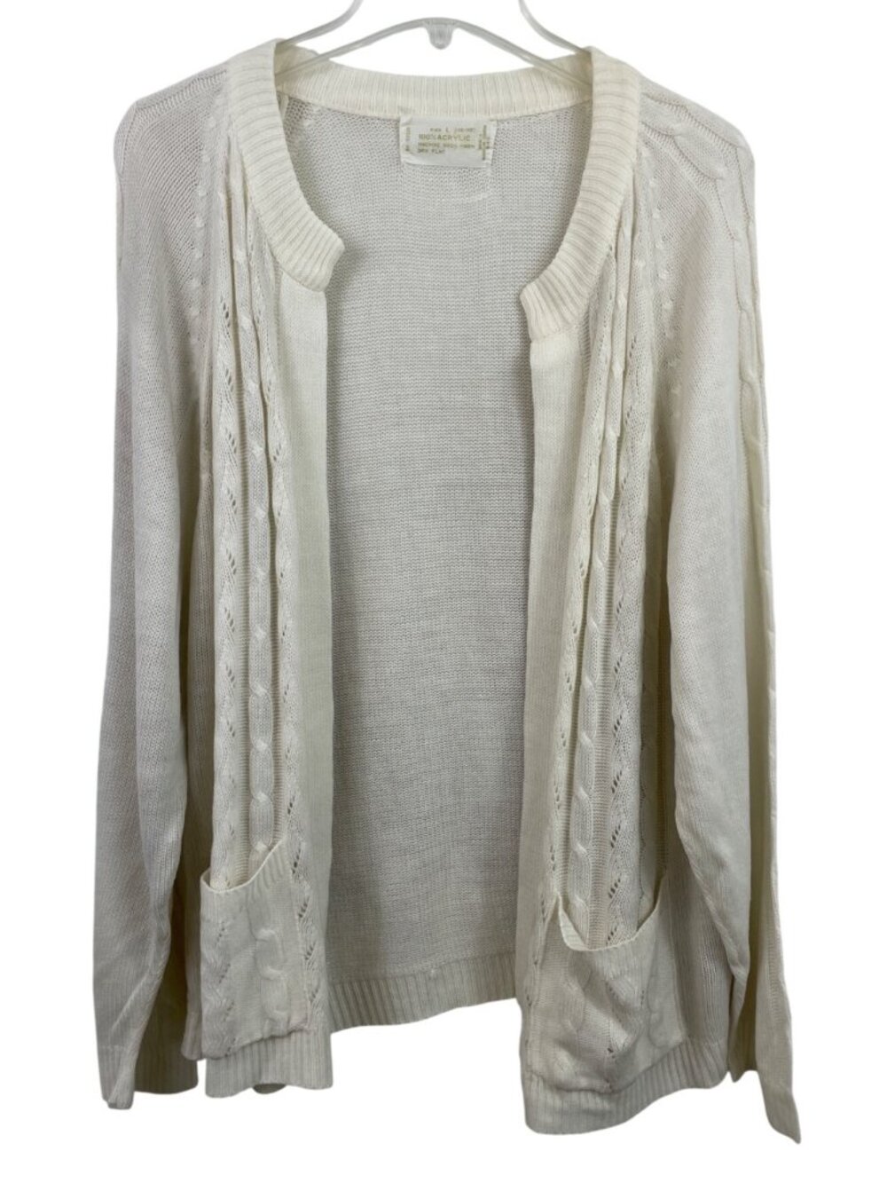 White Cable Knit Acrylic Open Cardigan Sweater Womens Large Vintage